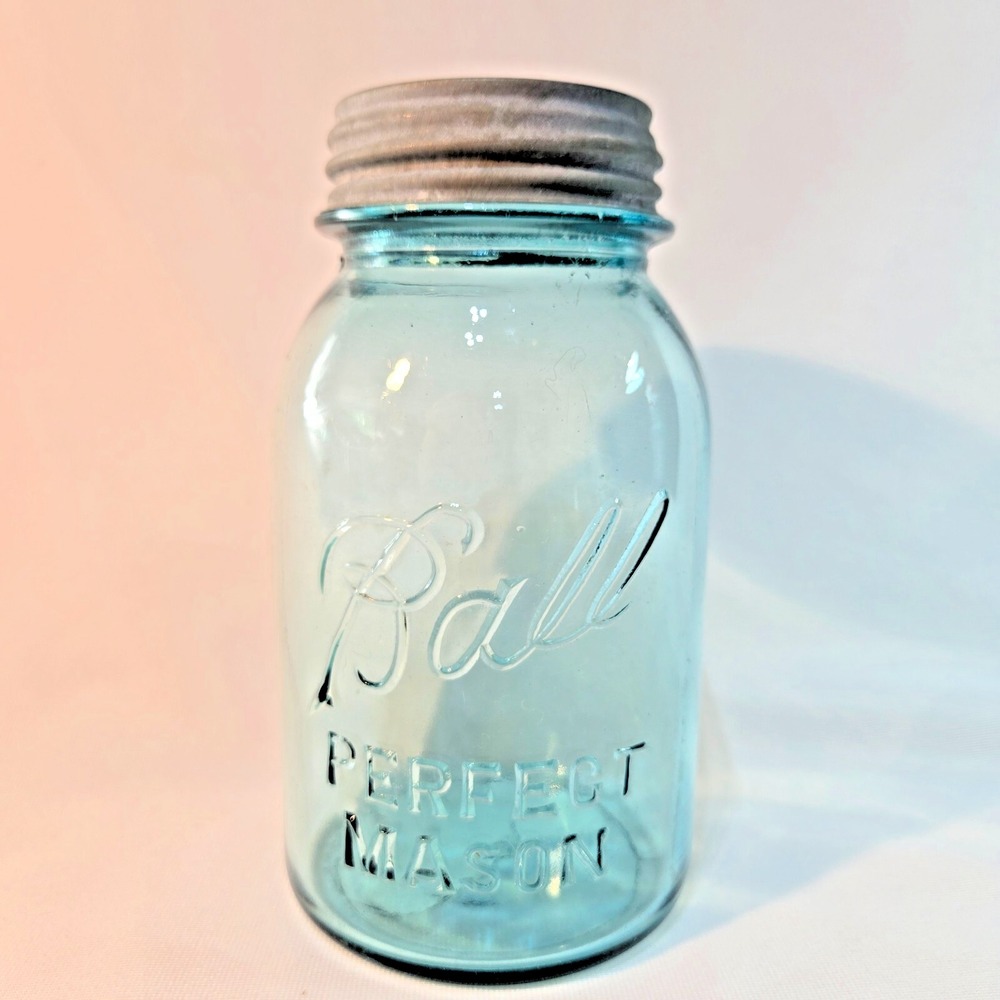 Ball Perfect Mason Jar Blue 1923-1933 #5 New Gold Lid Quart Canning Glass Jar
